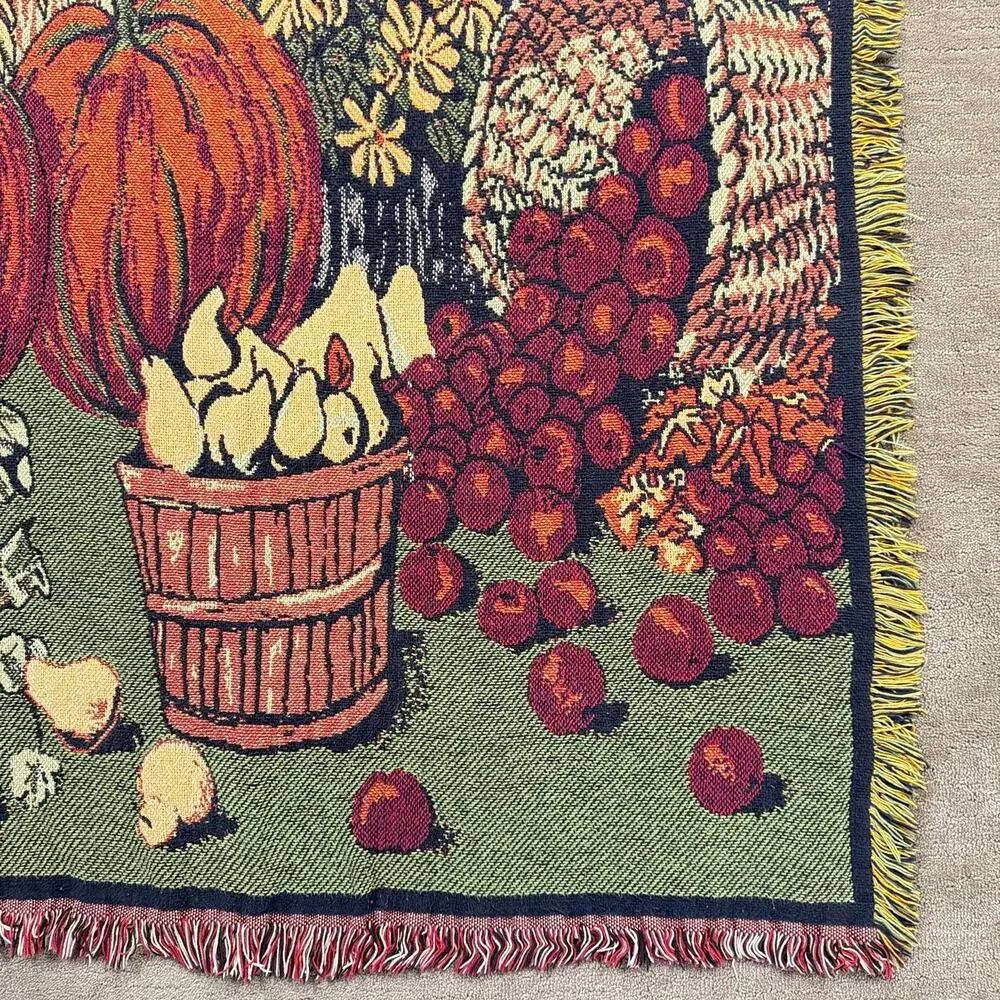 Vintage Fall Harvest Woven Tapestry Throw Blanket Fringed Pumpkins 48